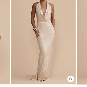 Shimmering Cream Halter Cowl-Neck Maxi Dress